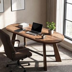 SAINTCY 70.86" Oval Computer Desk, Industrial Brown Large Wood Metal Office Desk, Modern Study Gaming Writing Table for Study, Home Office - 1 of 4