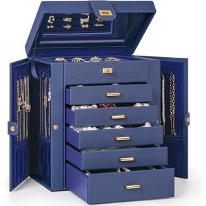 Large Lockable Leather Jewelry Box with Mirror, Huge Organizer Storage Case for Necklaces, Earrings, Rings, Bracelets - 1 of 4