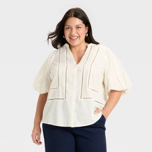 Women's Balloon Elbow Sleeve V-Neck Button-Down Shirt - Ava & Viv™ - 1 of 3