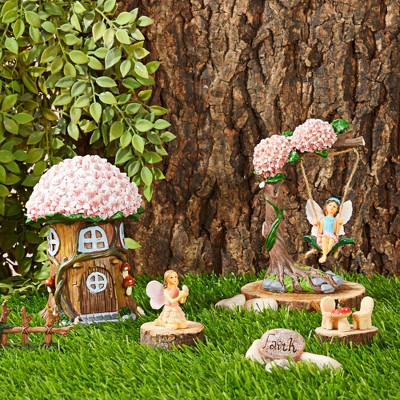 Miniature Fairy Garden Kit with Pink Tree House and Figurines