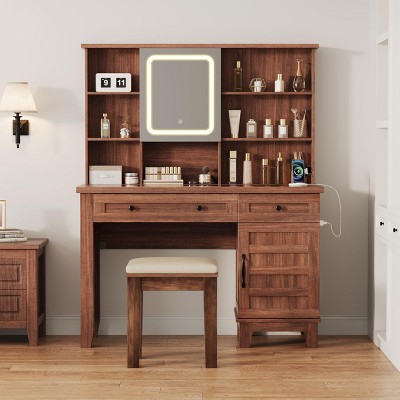 Farmhouse Makeup Vanity Desk with Solid Wood Stool, Makeup Vanity with Mirror and Lights & Power Outlet, Makeup Table with 2 Drawers, Dressing Table