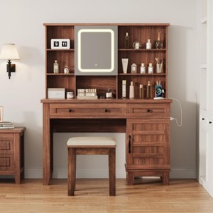 Farmhouse Makeup Vanity Desk with Solid Wood Stool, Makeup Vanity with Mirror and Lights & Power Outlet, Makeup Table with 2 Drawers, Dressing Table - 1 of 4