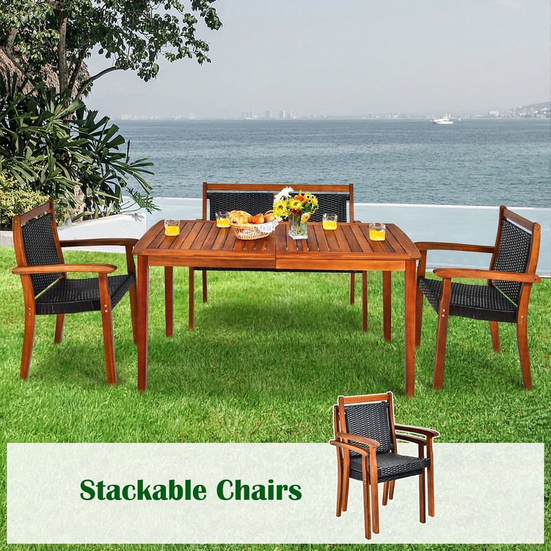 Costway 4PCS Patio Rattan Dining Furniture Set Acacia Wood Frame Stackable Chair Loveseat, 5 of 9