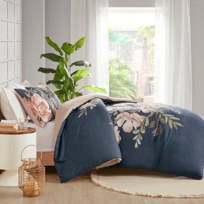 Camillia Navy Floral Cotton King/Cal King Duvet Cover Set