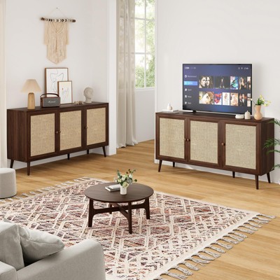 FURNIinspire Utility Storage Cabinets Modern Console Cabinet Bar Cabinet Sideboard Buffet Cabinet With 3 Rattan Doors, Brown, 15.4"*59.1"*31.1"