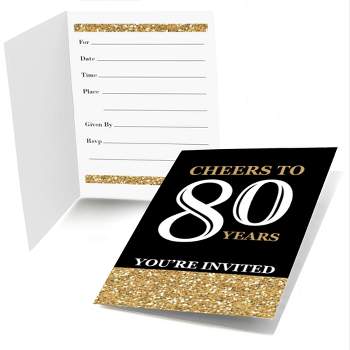 Big Dot of Happiness Adult 80th Birthday - Gold - Fill-In Birthday Party Invitations (8 count)