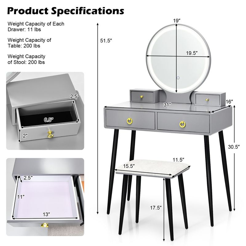 Costway Vanity Makeup Dressing Table Stool Set 3-Color ighted Mirror W/Drawers White\Gray, 4 of 11