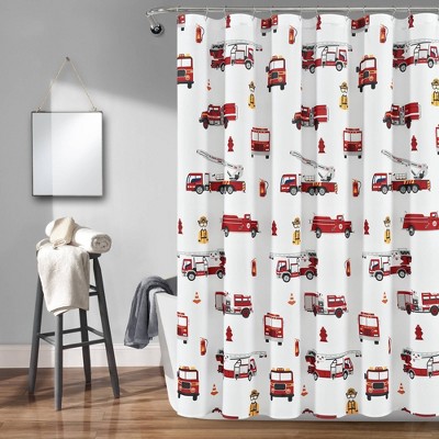 Image of 72"x72" Kids' Make A Wish Fire Truck Shower Curtain Single White/Red - Lush Décor