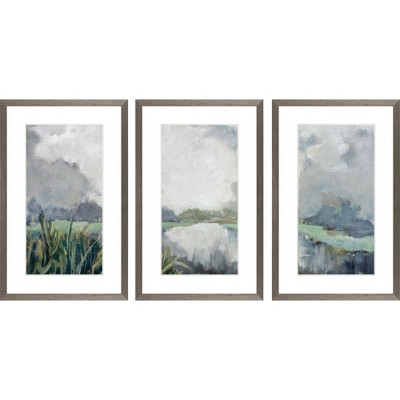HomeRoots Set Of Three Lakeside Watercolor Passage Silver Framed Wall Art
