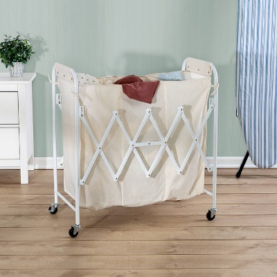 White Canvas Collapsible Triple Laundry Sorter with Wheels