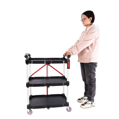 Vynxaria Folding Service Cart with Wheels - Portable 3-Tier Trolley for Home & Business