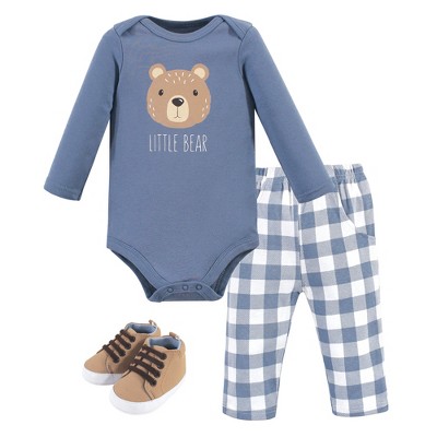 Hudson Baby Infant Boys Cotton Bodysuit, Pant and Shoe 3pc Set, Little Bear