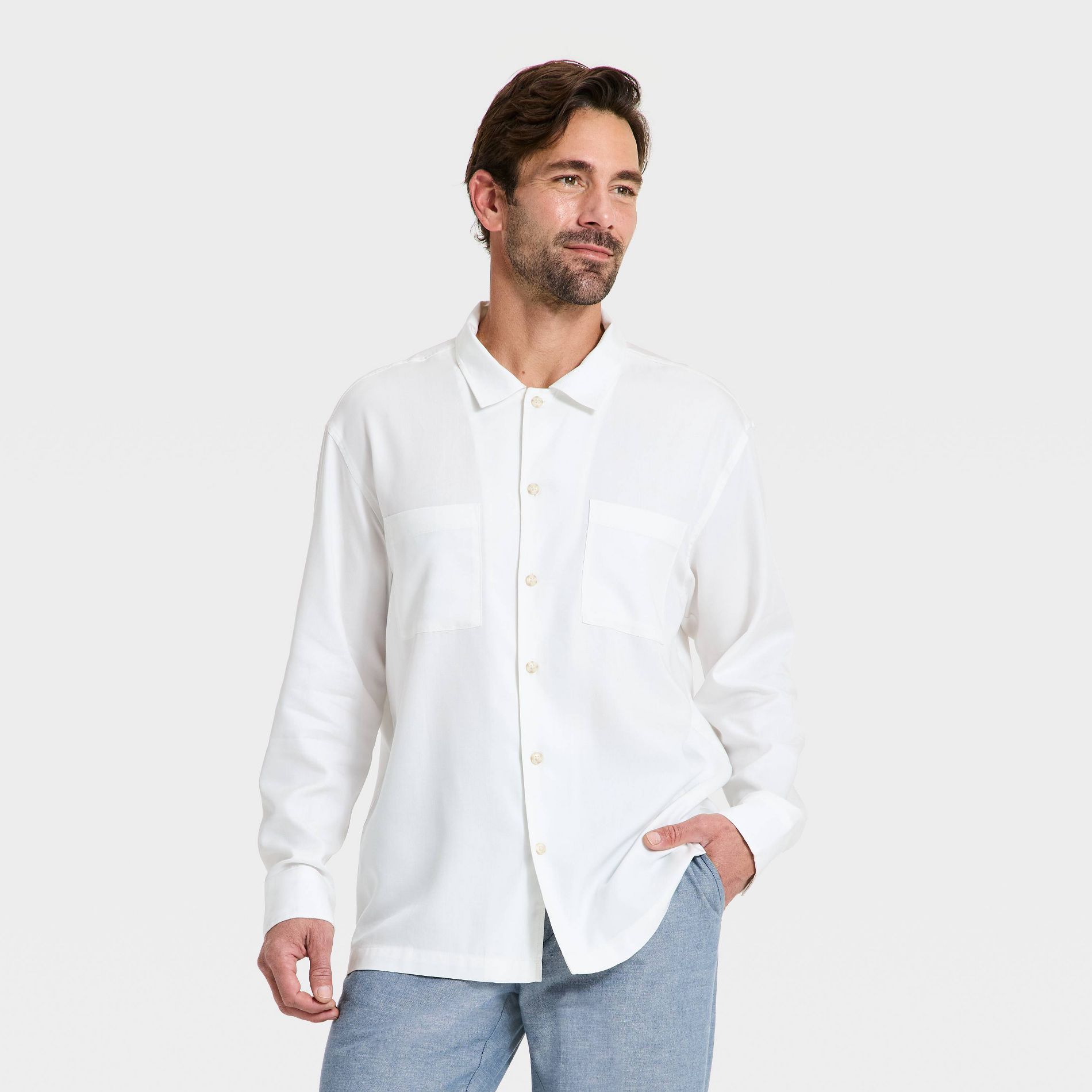 Men's Long Sleeve Layer Jacket Johnny Collar Polo Shirt - Goodfellow & Co™ White