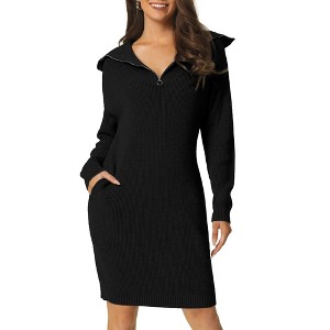 INSPIRE CHIC Women's Fall Winter Zipper V Neck Long Sleeve Slim Fit Casual Sweater Dress - 1 of 4