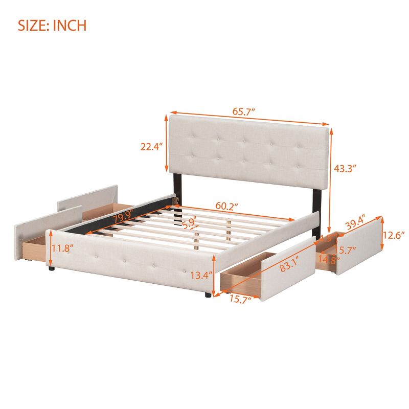 Upholstered Queen Size Platform Bed with Classic Headboard and 4 Drawers-ModernLuxe, 3 of 12