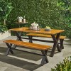 Christopher Knight Home Sabrina 3 Piece Outdoor Dining Set with Rustic Iron X-Base Table and Benches - 2 of 4