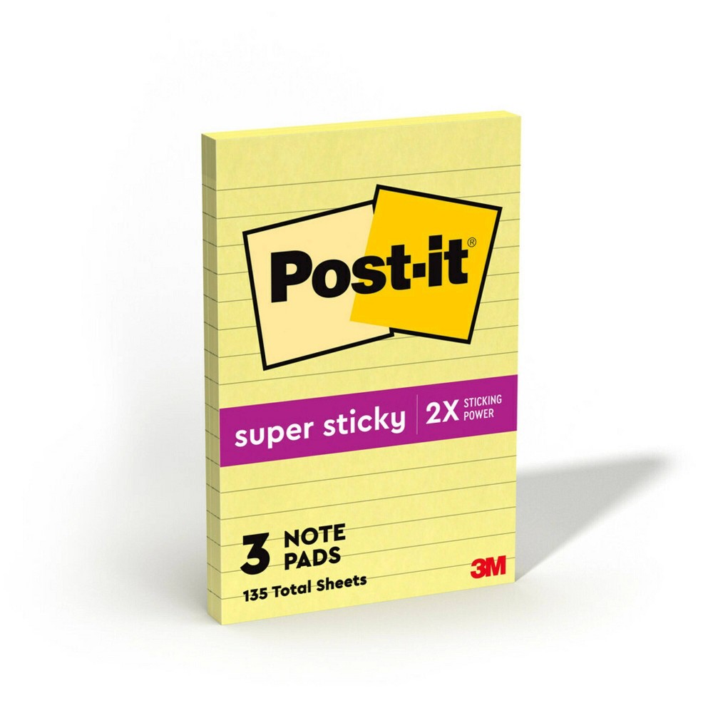 Photos - Desk Organiser Post-it 4pk 4" x 6" Lined Super Sticky Notes 45 Sheets/Pad - Canary Yellow: Notepad, Post Its Notes Pads, College Rule 