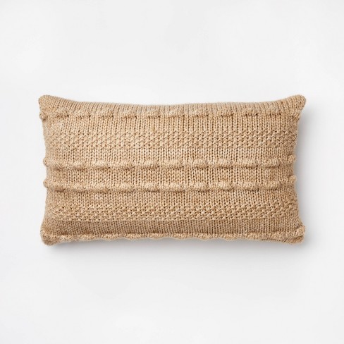 Oversized Bobble Knit Striped Lumbar Throw Pillow Beige