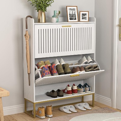CIPACHO Modern Slim Entryway Hallway Shoe Cabinet 2 Flip Drawers Open Cubby Adjustable Shelf