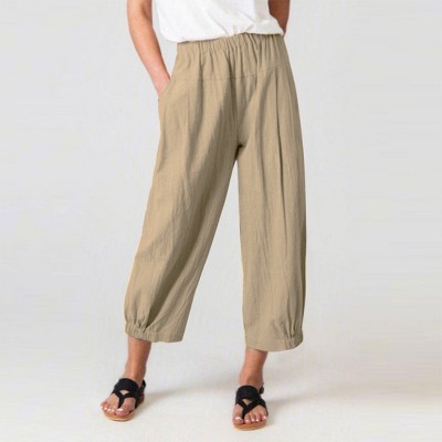 Cotton Linen Capri Pants for Women Casual High Waisted Wide Leg Yoga Capris Crop Pant Sweatpants with Pockets khaki