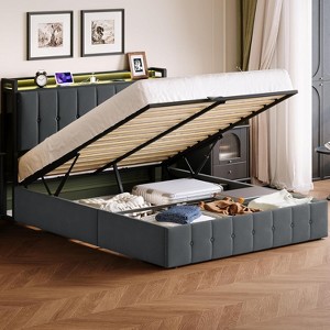 Lift Up Storage Bed Frame , Velvet Upholstered Hydraulic Platform Bed Storage Headboard , Wooden Slats, No Box Spring Needed - 1 of 4