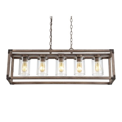 36" 5-Light LED Adjustable Iron/Seeded Glass Zeniba Linear Farmhouse Pendant Brown - JONATHAN Y