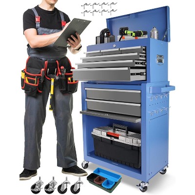 Heavy-Duty 5-Drawer Rolling Tool Chest with Lock & Liner – Blue-Grey Workshop Storage Cabinet with Wheels, 7 Organizer Boxes & 8 Hooks, Blue