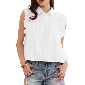 INSPIRE CHIC Women's Summer Button Up Collared Cap Sleeve Ruffle Casual Top Blouses - 1 of 4