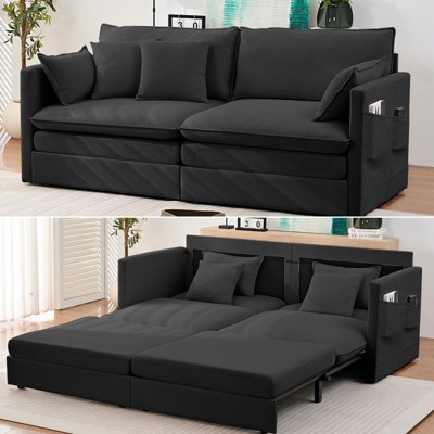 Mjkone 77.95'' lce Velvet 3-in-1 Convertible Loveseat Sleeper Sofa Bed with Side Pockets,Pull Out into Chaise Lounge/Sleeper Bed