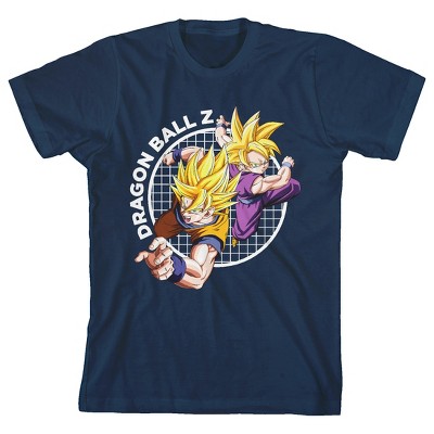 Dragonball Z Father and Son Attacking Grid Youth Navy Blue Short Sleeve Crew Neck Tee-Large