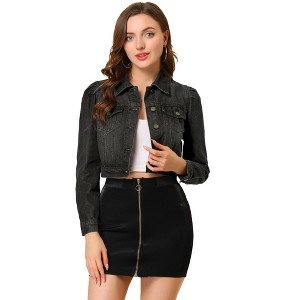 INSPIRE CHIC Women's Basic Puff Sleeve Washed Lightweight Cropped Denim Jacket - 1 of 4