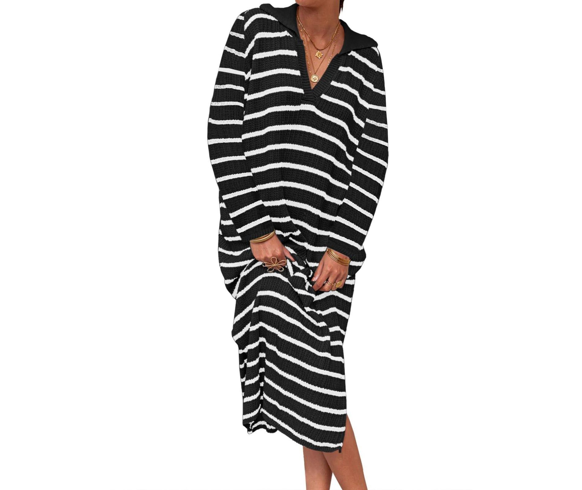 Coolmee Womens Fall Dresses Striped Sweater Dress Casual Long Sleeve V Neck Collared Loose Side Slit Knit Maxi Dress