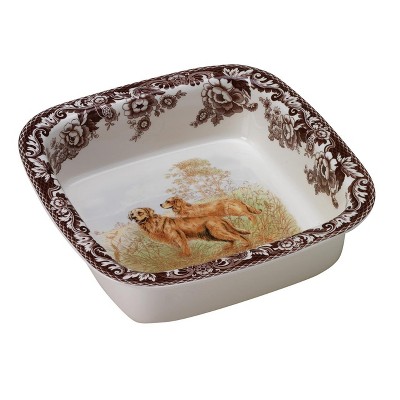 Spode Woodland Golden Retriever Square Rim Dish – Fine Porcelain Serving Plate from the Hunting Dogs Collection – Wildlife-Inspired Tableware