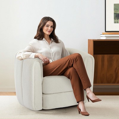 SKRAN Swivel Accent Barrel Chair, Modern Round Armchairs with Upholstered, Comfy Swivel Accent Chair for Living Room, White