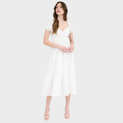 Sweetheart Neck Puff Sleeve Eyelet Hem Midi Dress
