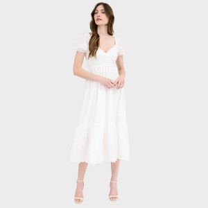 Sweetheart Neck Puff Sleeve Eyelet Hem Midi Dress - 1 of 4