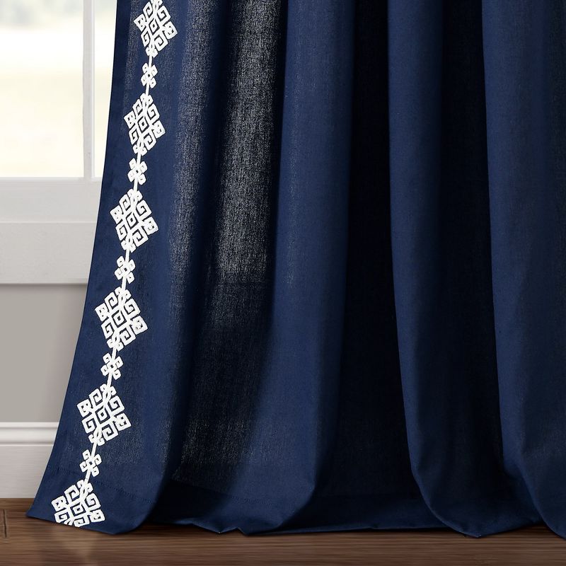 Luxury Modern Geo Linen Like Embroidery Border Window Curtain Panel Navy Single 52X84, 3 of 6