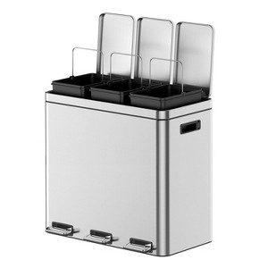 2 x 4 Gal (2 x 15L) Stainless Steel Dual Trash Can with Step-On Pedal, Soft Close Lid and Removable Inner Buckets, White Recycling Bin - 1 of 4