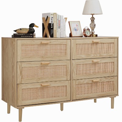 Finnhomy 4 Drawer Dresser for Bedroom 35.43” Wide Wooden Bedroom Dressers with Drawers, Rattan Dresser