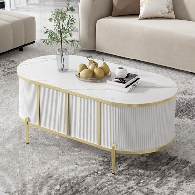 KWPZQEB Modern Luxury Oval shaped Coffee Table, Center Tbale with Marble-patterned Top, 2 Cabinets, Metal Legs and Handles for Living Room, White