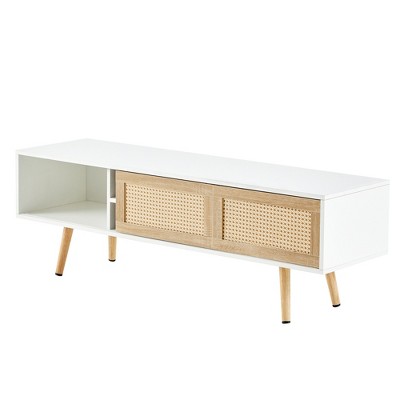 Airsurfer 55.12" Rattan TV Stand with Double Sliding Doors, Adjustable Shelf, Solid Wood Legs, White TV Console for Living Room