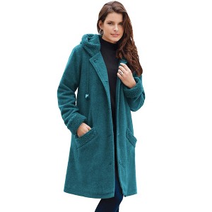 Roaman's Women's Plus Size Hooded Button Front Plush Fleece Coat - 1 of 4