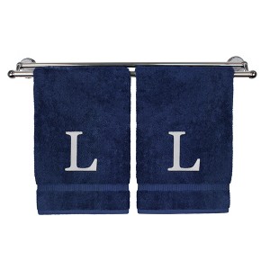 BC BARE COTTON Monogrammed Hand Towel, 100% Turkish Cotton - Set of 2 - Navy - White Block - 1 of 4