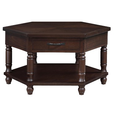 UPHA 36 Inch 2 Tier Retro Hexagon Living Room Solid Wood Coffee Table with Shelf & Drawer