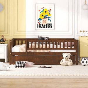 Okak Twin/Full Wooden Bed Frame with Trundle & Guardrails,Modern Platform Daybed for Kids Room,Bedroom,No Box Spring Needed - 1 of 4