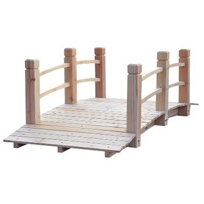5 ft Wooden Garden Bridge Arc Stained Finish Footbridge with Railings for your Backyard; Natural Wood