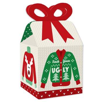 Big Dot of Happiness Ugly Sweater - Square Favor Gift Boxes - Holiday and Christmas Party Bow Boxes - Set of 12
