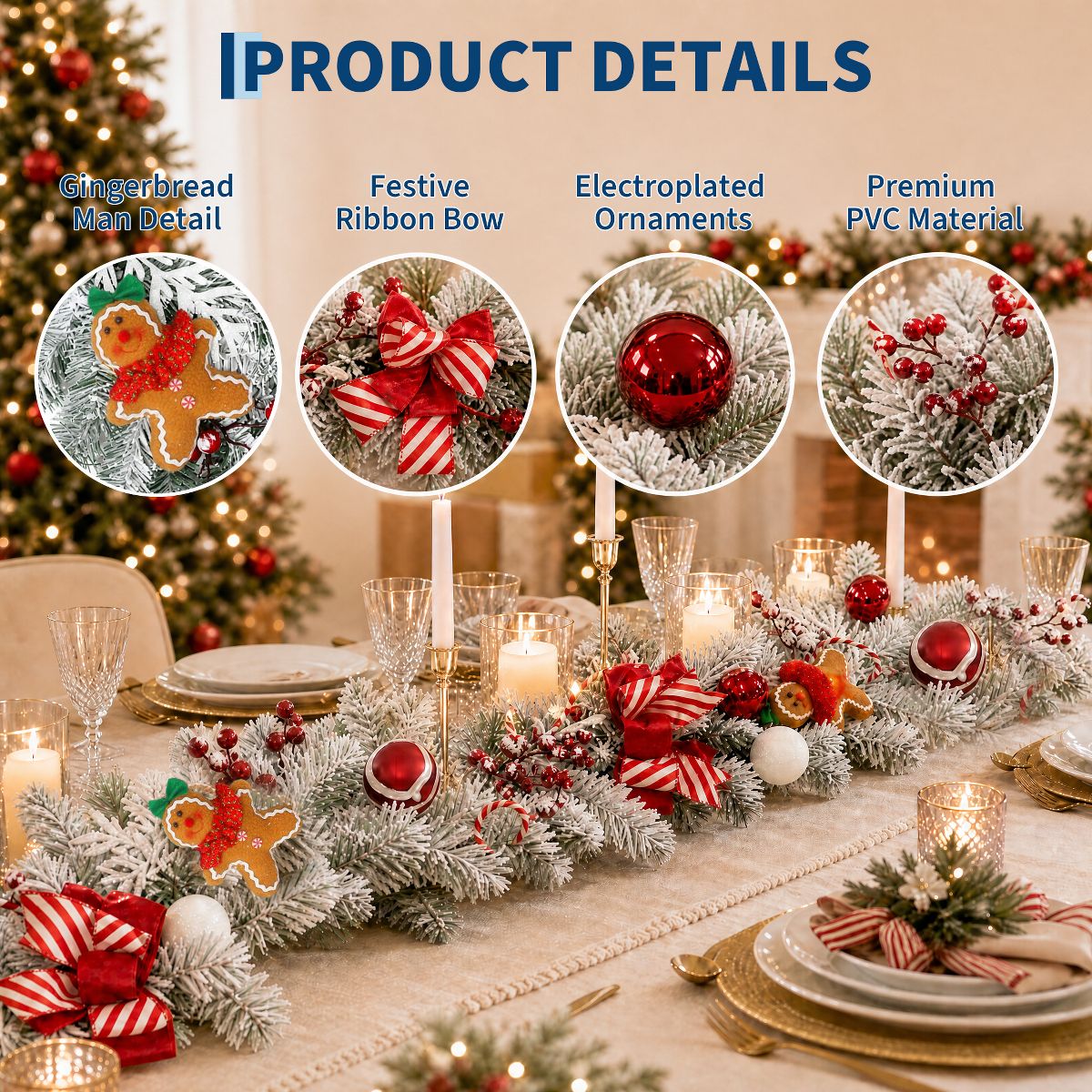 Garvee Christmas Garland with Lights 6ft, Gingerbread Man Ribbon Pre-Lit Garland with 20 LED Lights Timer, PVC Christmas Decor for Home - thumbnail 3
