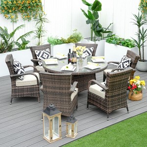 Moda Furnishings 6 - Person All-Weather Wicker Patio Outdoor Dining Set with Round Table, Cushions Included - 1 of 4