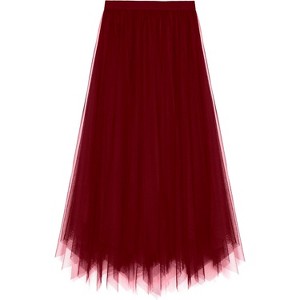 Women's 2-Layer Tulle Midi Skirt - Tiered A-Line Long Skirt with Elastic Waist for Winter Irregular Burgundy - 1 of 4